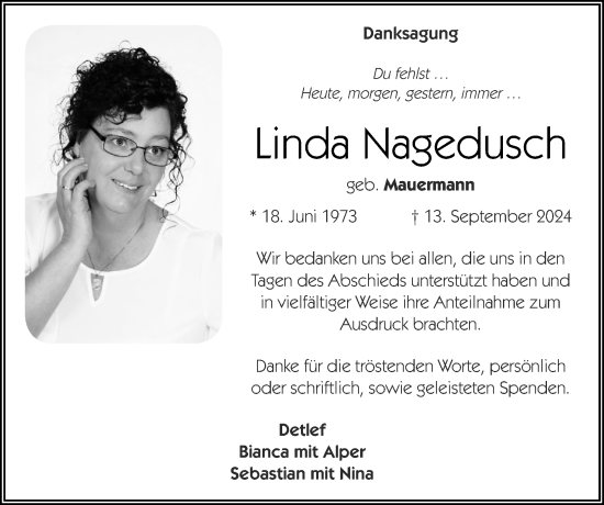 Traueranzeige von Linda Nagedusch von Zeitung am Sonntag