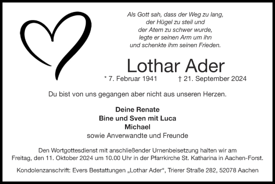 Traueranzeige von Lothar Ader von Zeitung am Sonntag
