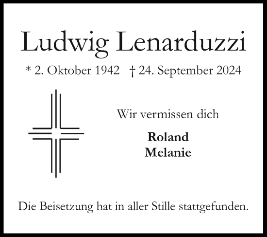 Traueranzeige von Ludwig Lenarduzzi von Zeitung am Sonntag