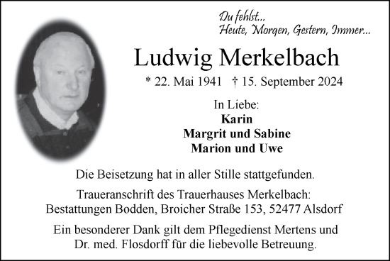 Traueranzeige von Ludwig Merkelbach von Zeitung am Sonntag