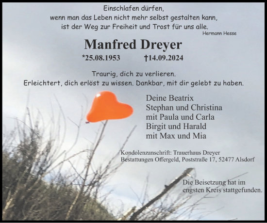 Traueranzeige von Manfred Dreyer von Zeitung am Sonntag