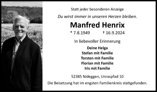 Traueranzeige von Manfred Henrix von Zeitung am Sonntag
