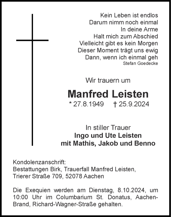 Traueranzeige von Manfred Leisten von Zeitung am Sonntag