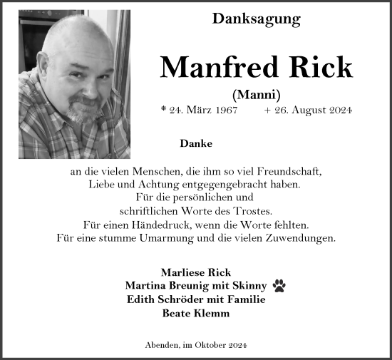 Traueranzeige von Manfred Rick von Zeitung am Sonntag