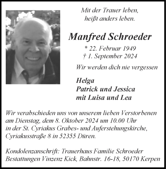 Traueranzeige von Manfred Schroeder von Zeitung am Sonntag