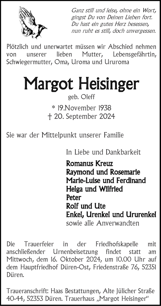  Traueranzeige für Margot Heisinger vom 13.10.2024 aus Zeitung am Sonntag