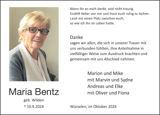 Traueranzeige von Maria Bentz von Zeitung am Sonntag