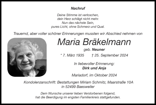Traueranzeige von Maria Bräkelmann von Zeitung am Sonntag