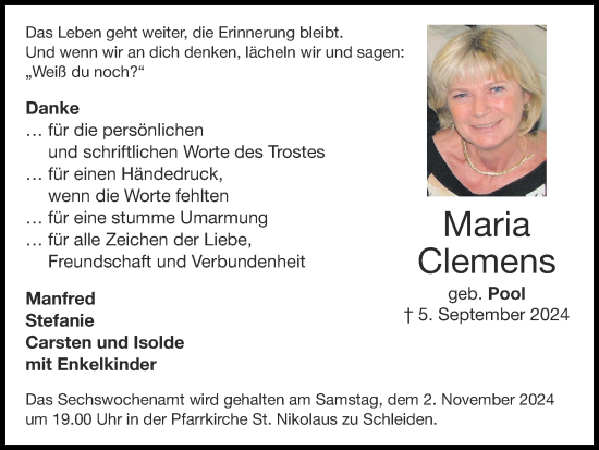 Traueranzeige von Maria Clemens von Zeitung am Sonntag