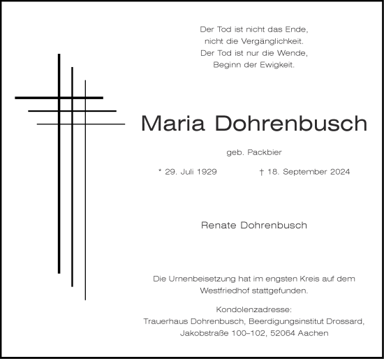 Traueranzeige von Maria Dohrenbusch von Zeitung am Sonntag