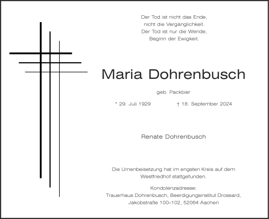 Traueranzeige von Maria Dohrenbusch von Aachener Zeitung