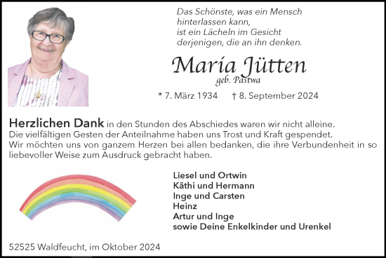 Traueranzeige von Maria Jütten von Zeitung am Sonntag