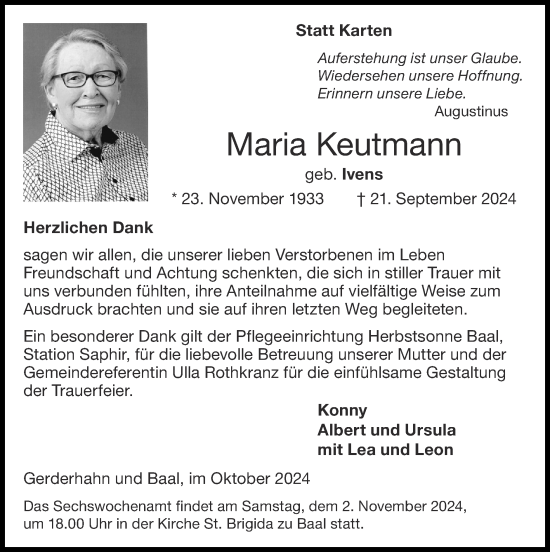 Traueranzeige von Maria Keutmann von Zeitung am Sonntag