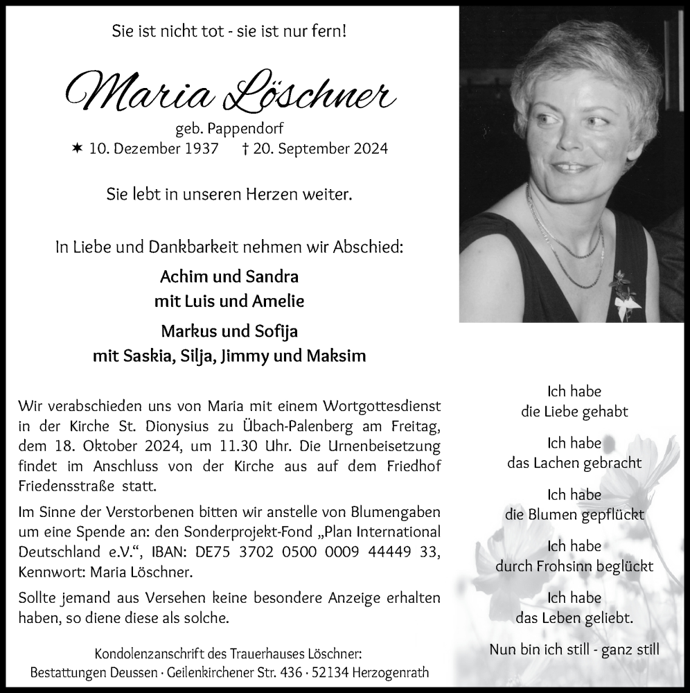  Traueranzeige für Maria Löschner vom 13.10.2024 aus Zeitung am Sonntag