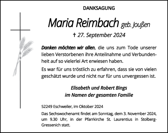 Traueranzeige von Maria Reimbach von Zeitung am Sonntag
