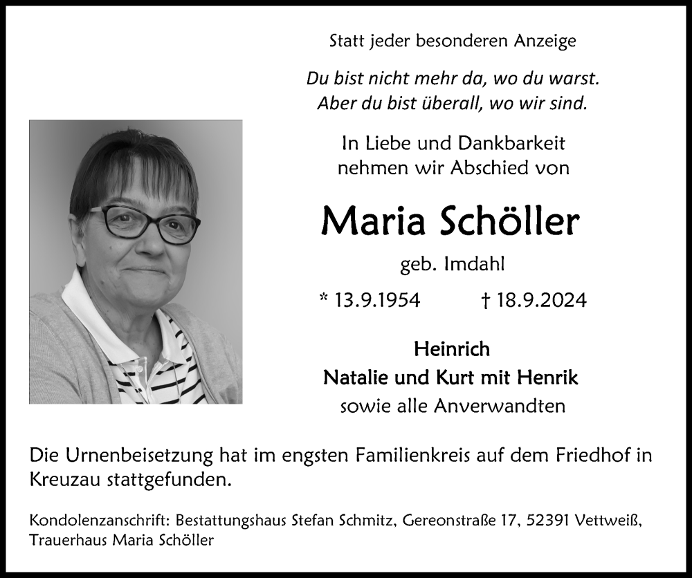  Traueranzeige für Maria Schöller vom 06.10.2024 aus Zeitung am Sonntag