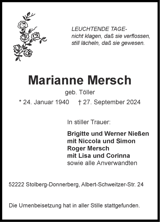 Traueranzeige von Marianne Mersch von Zeitung am Sonntag