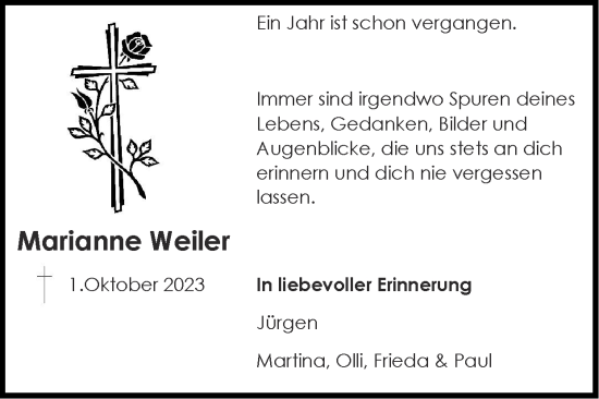 Traueranzeige von Marianne Weiler von Zeitung am Sonntag