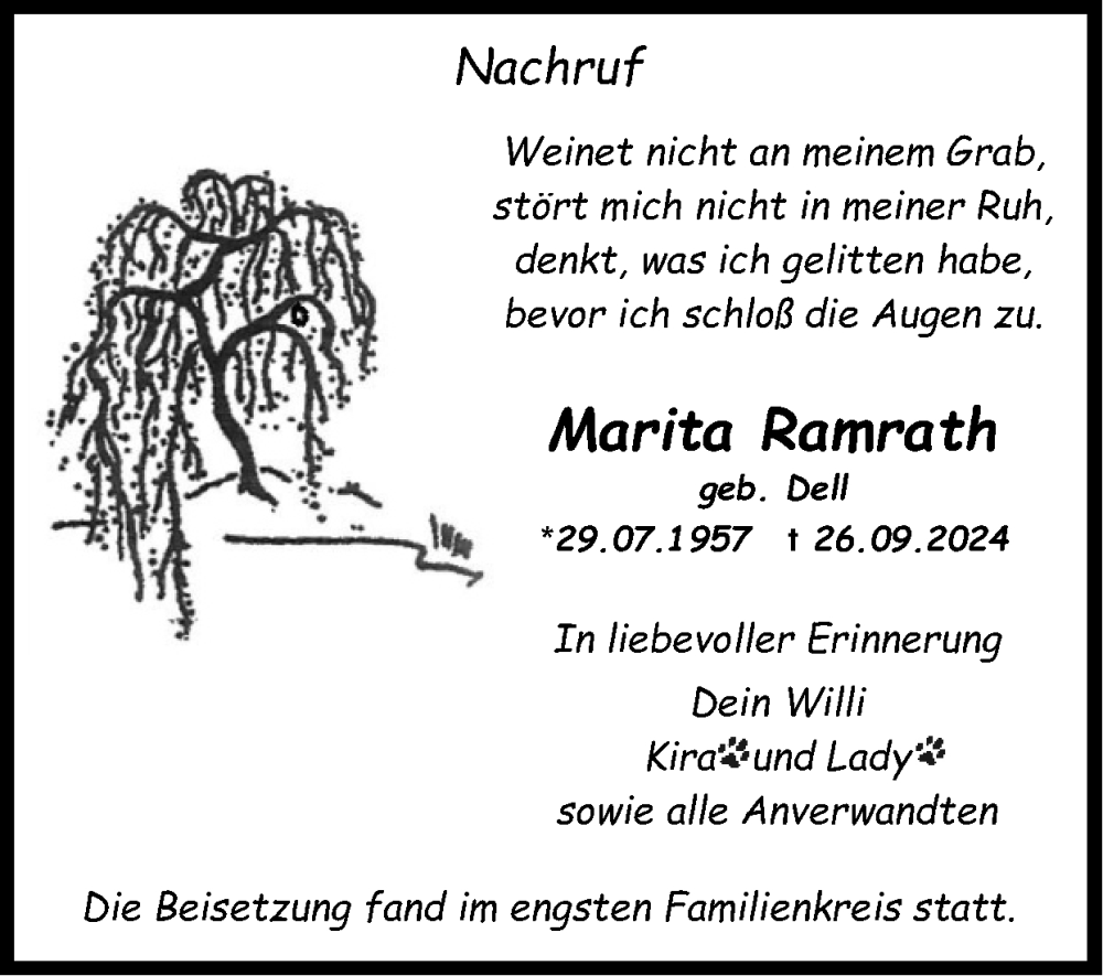  Traueranzeige für Marita Ramrath vom 13.10.2024 aus Zeitung am Sonntag