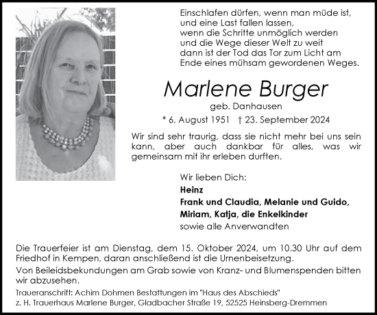 Traueranzeige von Marlene Burger von Zeitung am Sonntag