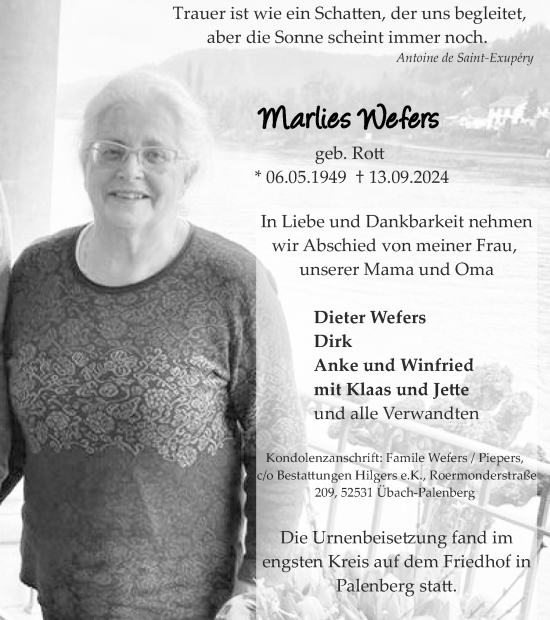 Traueranzeige von Marlies Wefers von Zeitung am Sonntag