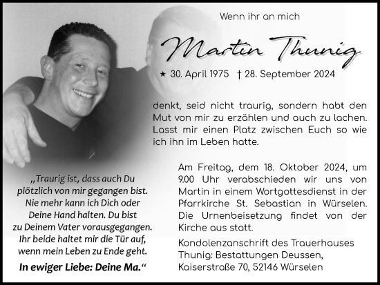 Traueranzeige von Martin Thunig von Zeitung am Sonntag