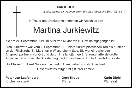Traueranzeige von Martina Jurkiewitz von Zeitung am Sonntag