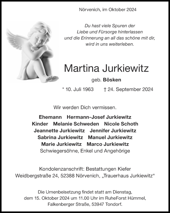 Traueranzeige von Martina Jurkiewitz von Zeitung am Sonntag