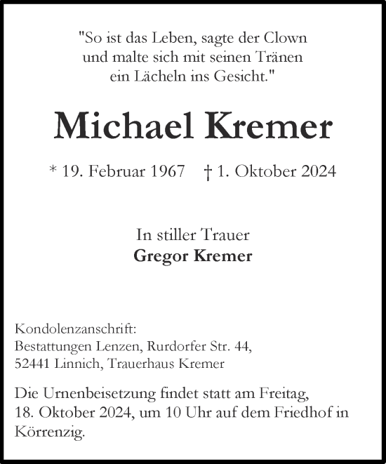 Traueranzeige von Michael Kremer von Zeitung am Sonntag