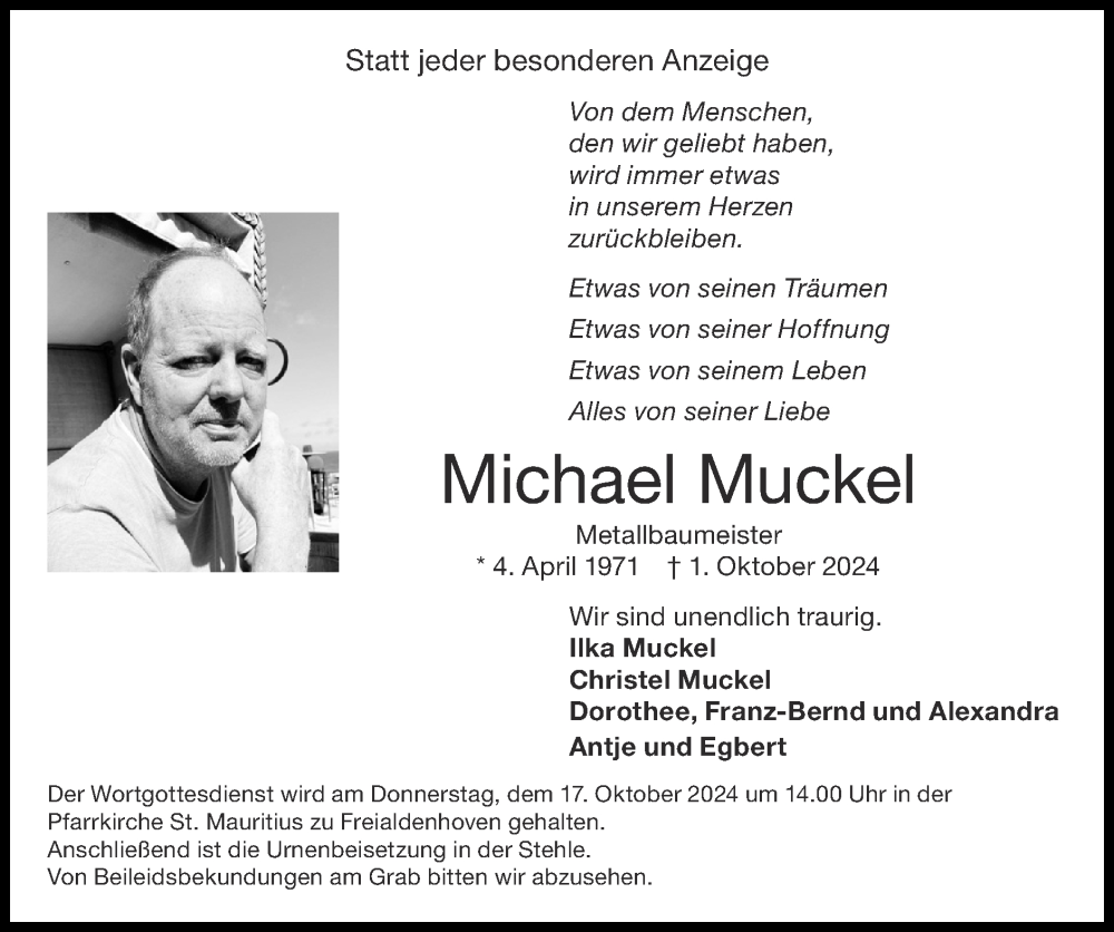  Traueranzeige für Michael Muckel vom 13.10.2024 aus Zeitung am Sonntag