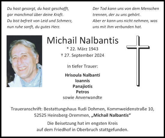 Traueranzeige von Michail Nalbantis von Zeitung am Sonntag