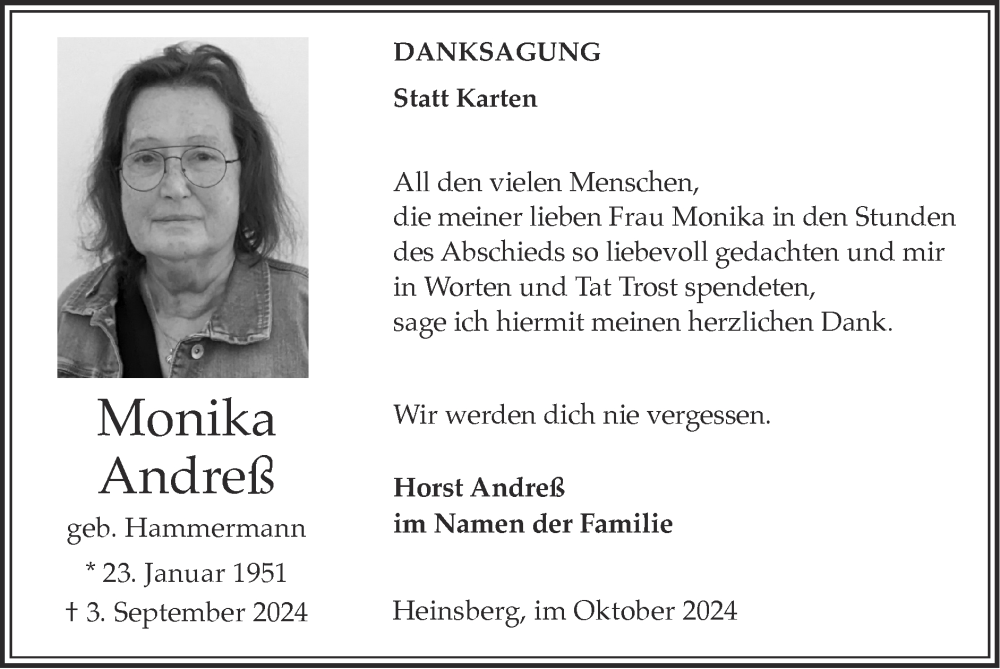  Traueranzeige für Monika Andreß vom 13.10.2024 aus Zeitung am Sonntag