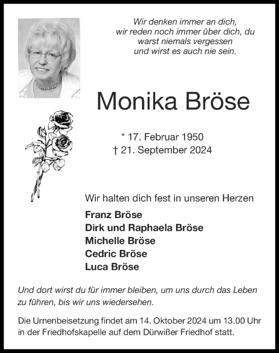 Traueranzeige von Monika Bröse von Zeitung am Sonntag