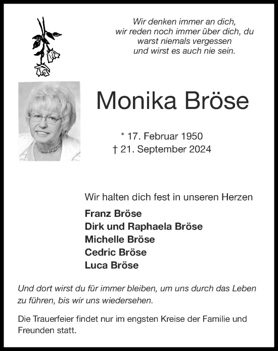 Traueranzeige von Monika Bröse von Zeitung am Sonntag