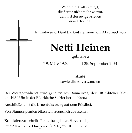 Traueranzeige von Netti Heinen von Zeitung am Sonntag
