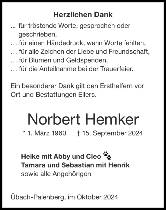 Traueranzeige von Norbert Hemker von Zeitung am Sonntag