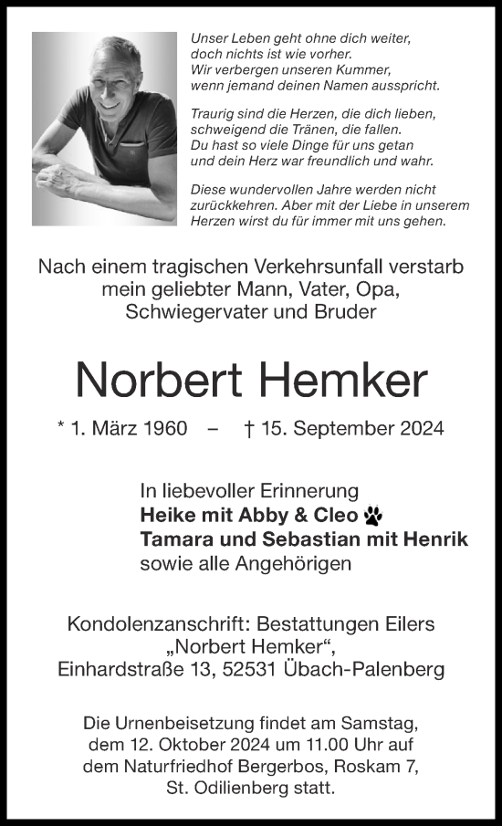 Traueranzeige von Norbert Hemker von Zeitung am Sonntag