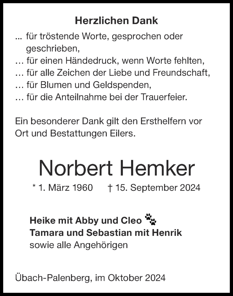  Traueranzeige für Norbert Hemker vom 27.10.2024 aus Zeitung am Sonntag