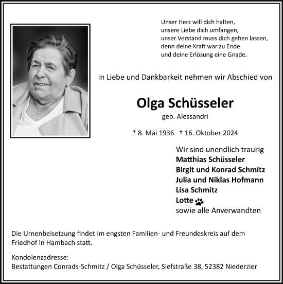 Traueranzeige von Olga Schüsseler von Zeitung am Sonntag