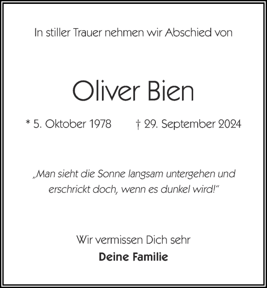 Traueranzeige von Oliver Bien von Zeitung am Sonntag