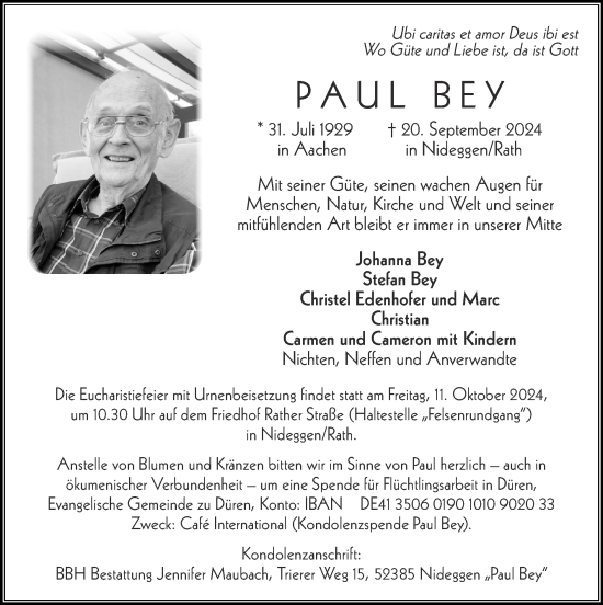 Traueranzeige von Paul Bey von Zeitung am Sonntag
