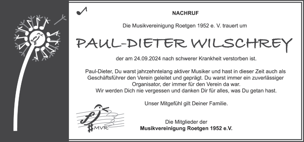  Traueranzeige für Paul-Dieter Wilschrey vom 06.10.2024 aus Zeitung am Sonntag