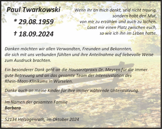 Traueranzeige von Paul Twarkowski von Zeitung am Sonntag