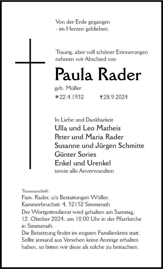 Traueranzeige von Paula Rader von Zeitung am Sonntag