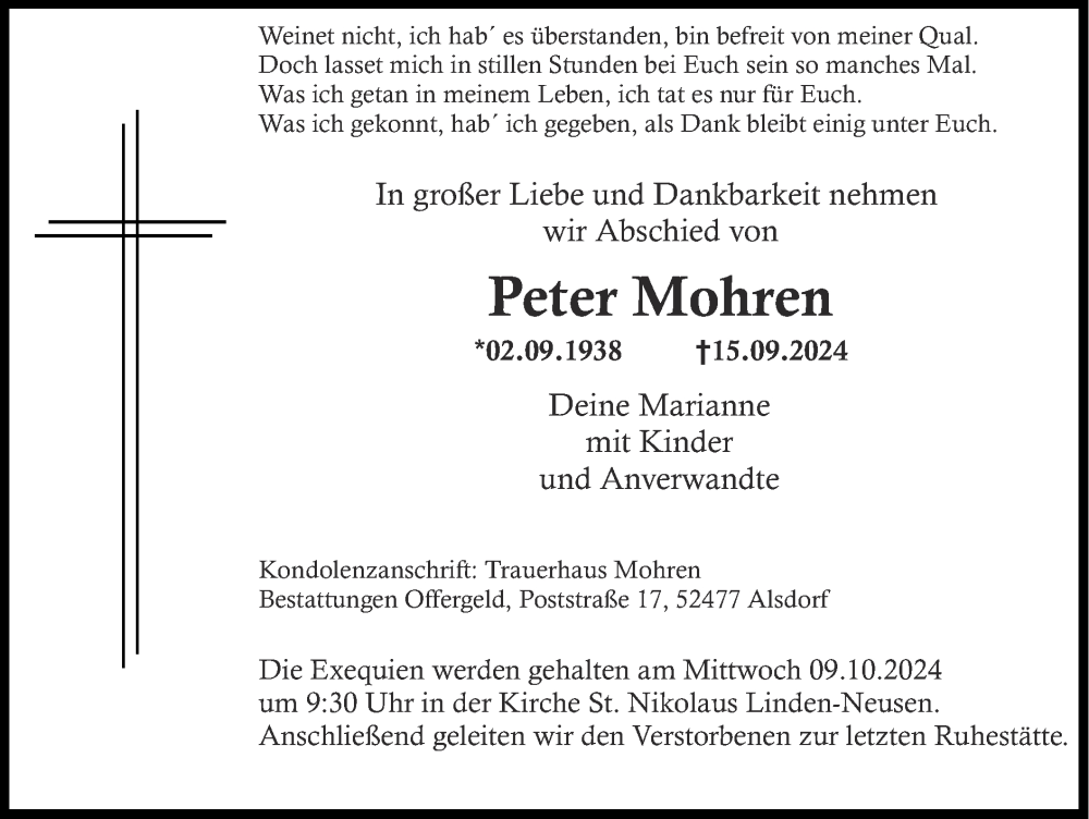  Traueranzeige für Peter Mohren vom 06.10.2024 aus Zeitung am Sonntag