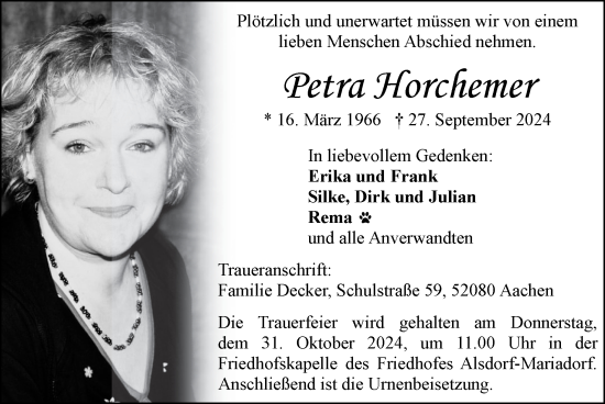 Traueranzeige von Petra Horchemer von Zeitung am Sonntag