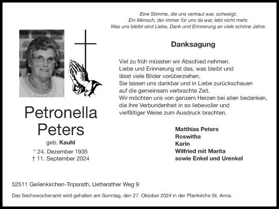 Traueranzeige von Petronella Peters von Zeitung am Sonntag
