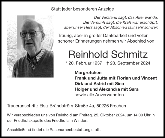 Traueranzeige von Reinhold Schmitz von Zeitung am Sonntag