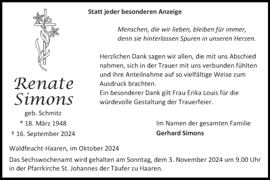 Traueranzeige von Renate Simons von Zeitung am Sonntag