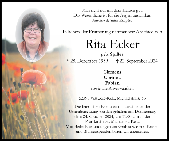 Traueranzeige von Rita Ecker von Zeitung am Sonntag